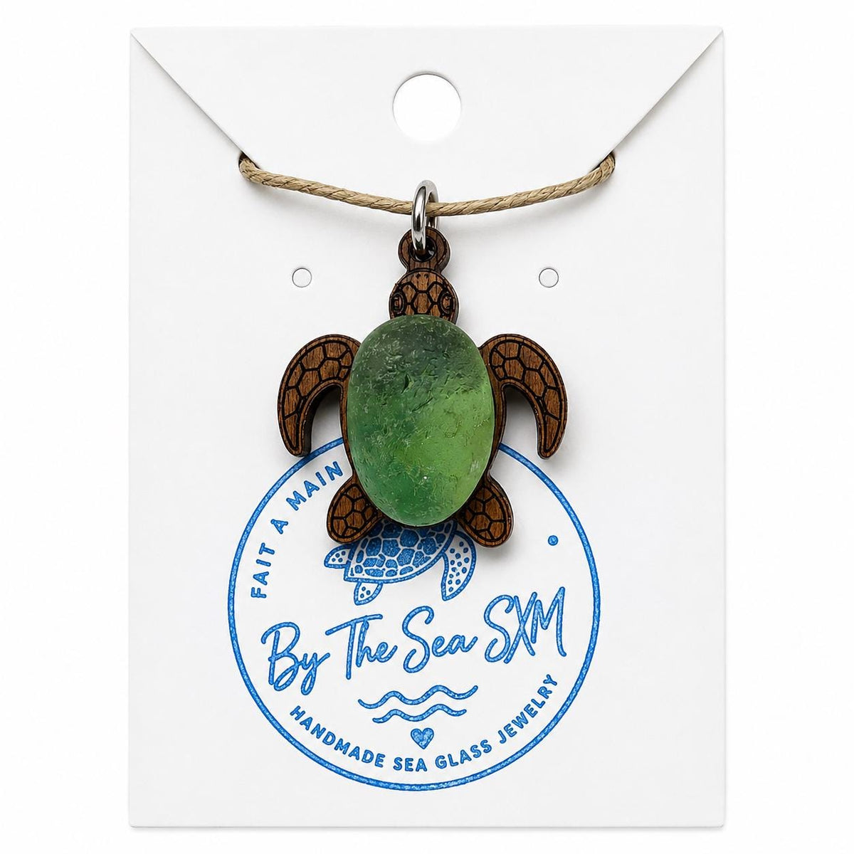 Genuine Sea Glass Turtle Necklace, Laser Engraved Wood Sea Turtle Pendant, Caribbean Beach Jewelry,  Coastal Gift