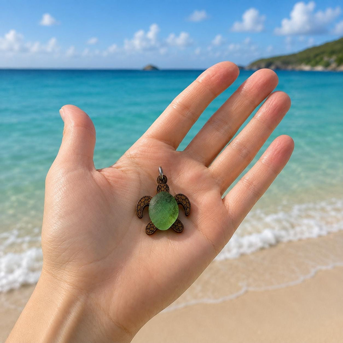 Genuine Sea Glass Turtle Necklace, Laser Engraved Wood Sea Turtle Pendant, Caribbean Beach Jewelry,  Coastal Gift