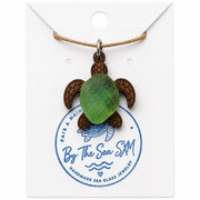Genuine Sea Glass Turtle Necklace, Laser Engraved Wood Sea Turtle Pendant, Caribbean Beach Jewelry,  Coastal Gift
