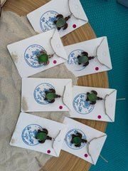 Genuine Sea Glass Turtle Necklace, Laser Engraved Wood Sea Turtle Pendant, Caribbean Beach Jewelry,  Coastal Gift