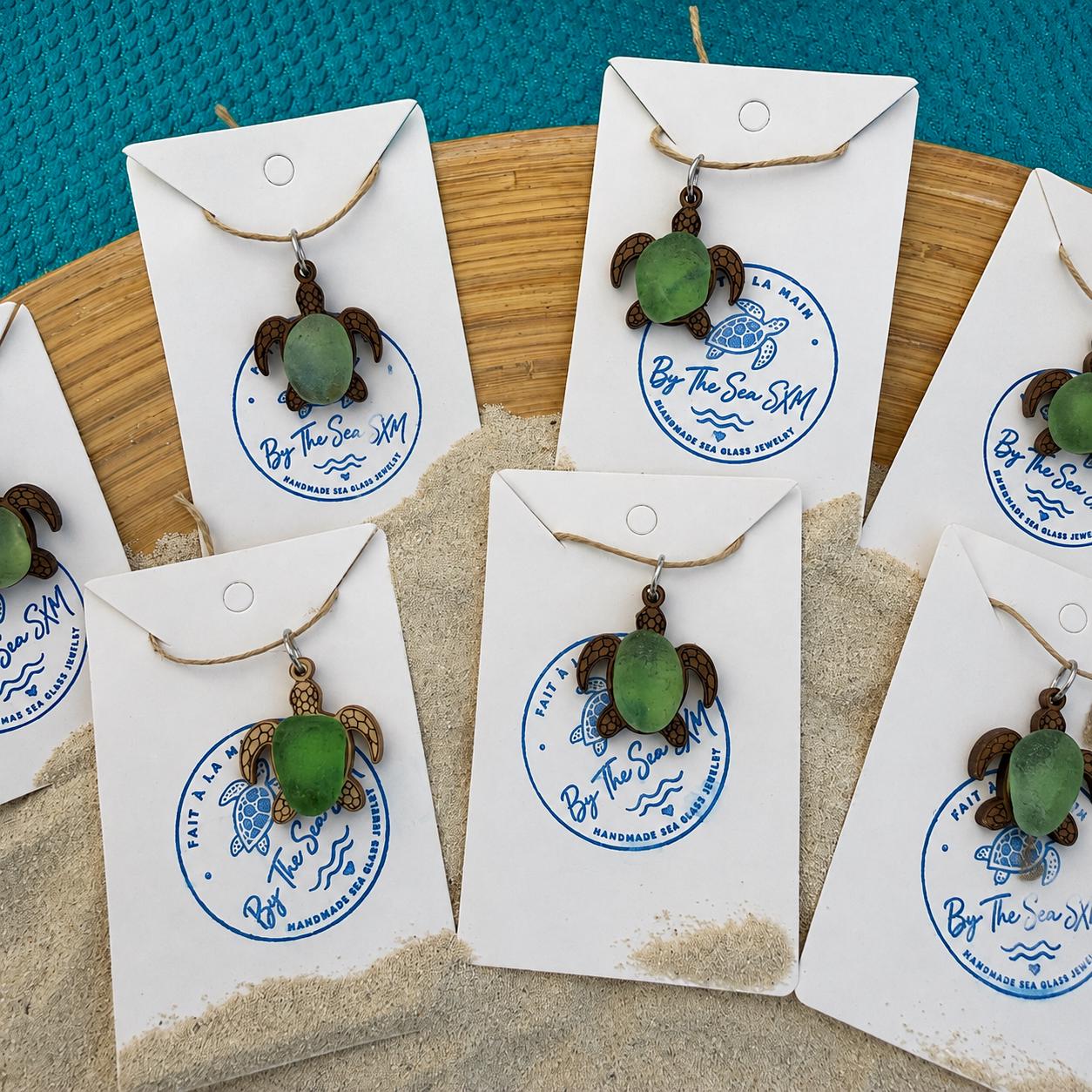 Genuine Sea Glass Turtle Necklace, Laser Engraved Wood Sea Turtle Pendant, Caribbean Beach Jewelry,  Coastal Gift