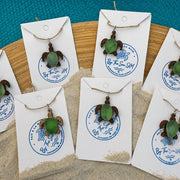 Genuine Sea Glass Turtle Necklace, Laser Engraved Wood Sea Turtle Pendant, Caribbean Beach Jewelry,  Coastal Gift