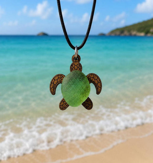Genuine Sea Glass Turtle Necklace, Laser Engraved Wood Sea Turtle Pendant, Caribbean Beach Jewelry,  Coastal Gift