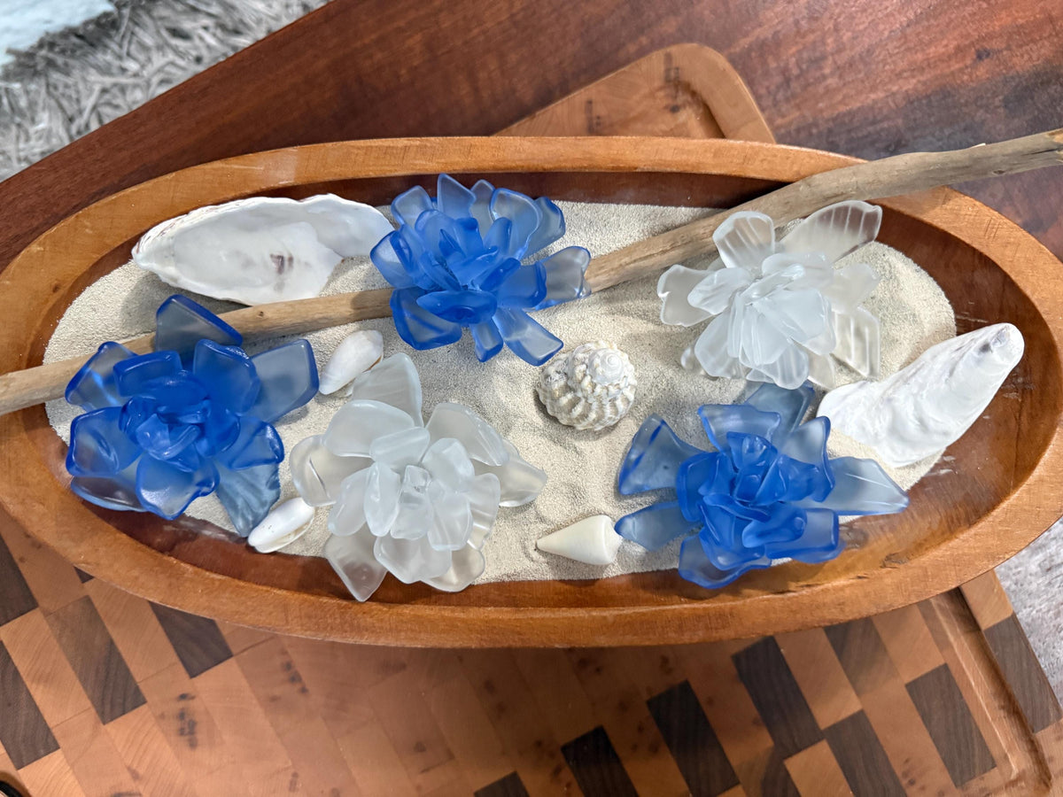 Sea Bloom Succulents™ – Handcrafted Coastal Glass Succulent Decor, Frosted Blue & White Glass, Beach House Decor