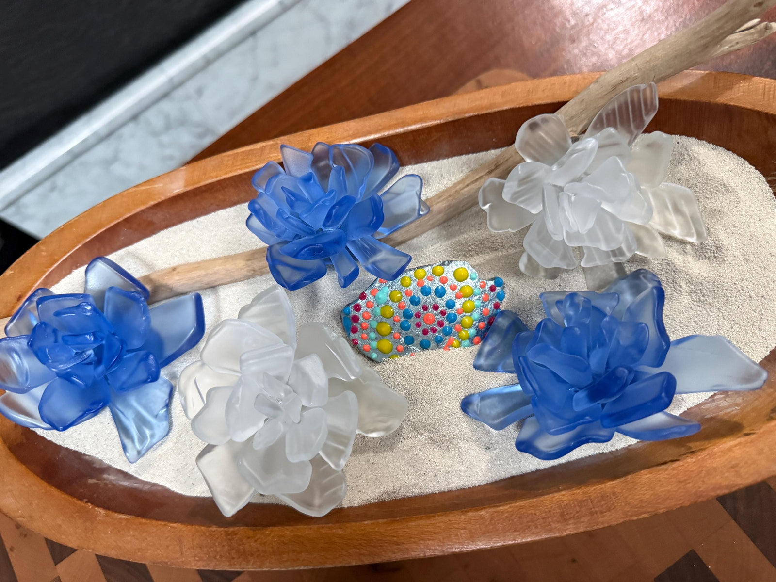 Sea Bloom Succulents™ – Handcrafted Coastal Glass Succulent Decor, Frosted Blue & White Glass, Beach House Decor