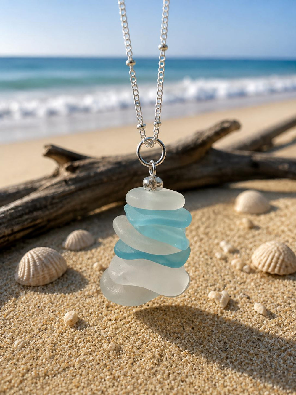 Caribbean Sea Glass Cairn Necklace, Remembrance Jewelry, Memorial Gift, Genuine Sea Glass Pendant, Coastal Jewelry
