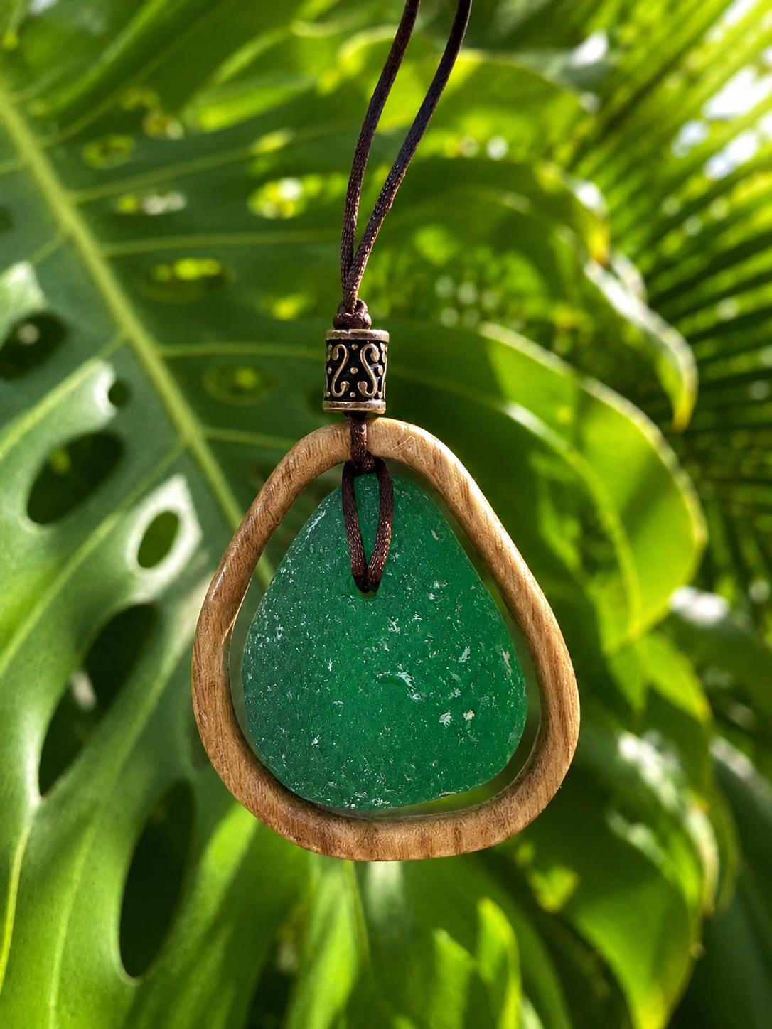Carried by the Sea, Framed by Hand - A Fusion of Ocean and Wood - Authentic Caribbean Sea Glass Pendant Necklace
