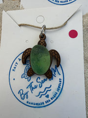 Genuine Sea Glass Turtle Necklace, Laser Engraved Wood Sea Turtle Pendant, Caribbean Beach Jewelry,  Coastal Gift