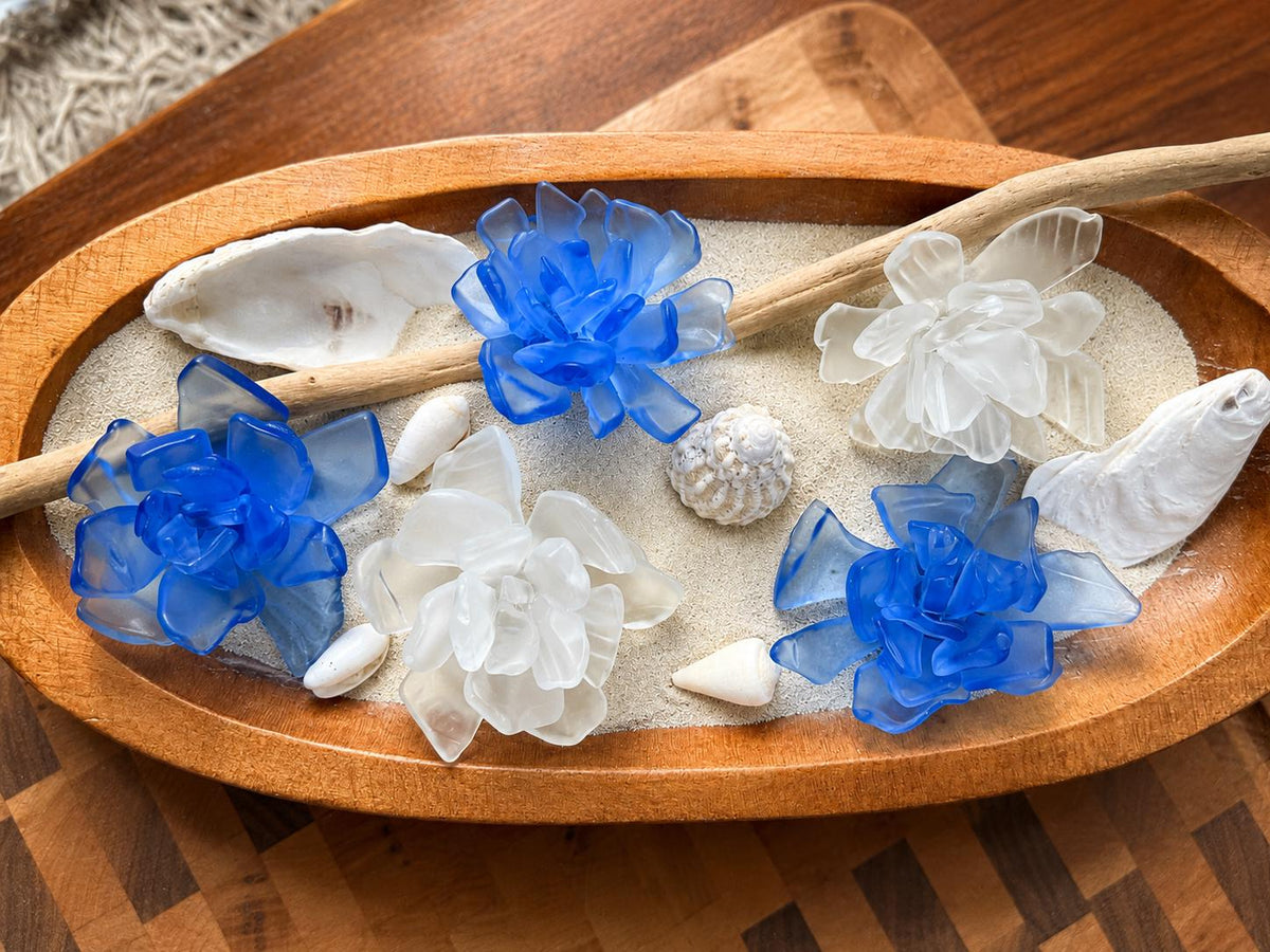 Sea Bloom Succulents™ – Handcrafted Coastal Glass Succulent Decor, Frosted Blue & White Glass, Beach House Decor