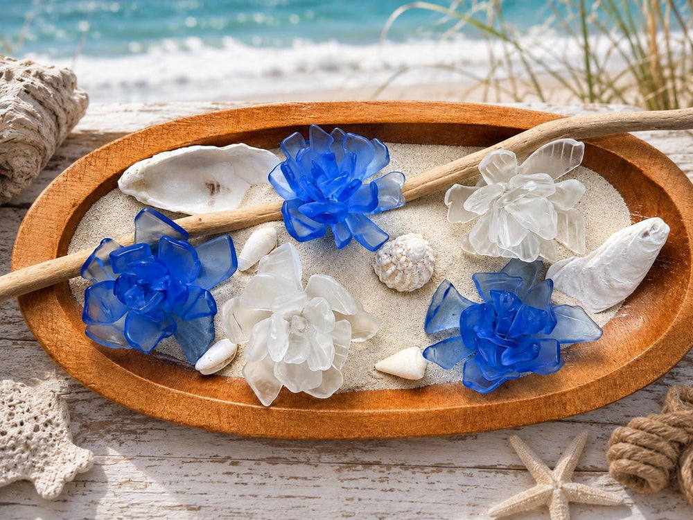 Sea Bloom Succulents™ – Handcrafted Coastal Glass Succulent Decor, Frosted Blue & White Glass, Beach House Decor