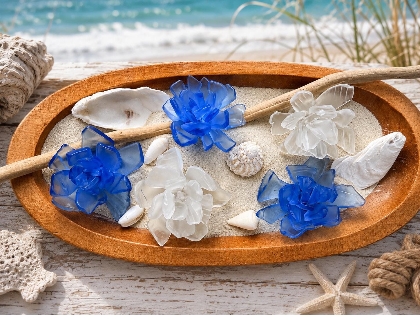 Sea Bloom Succulents™ – Handcrafted Coastal Glass Succulent Decor, Frosted Blue & White Glass, Beach House Decor
