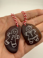 Gingerbread Sea Glass Ornament Set – Genuine Caribbean Sea Glass Christmas Ornaments – Handmade Gingerbread Couple – Set of 2