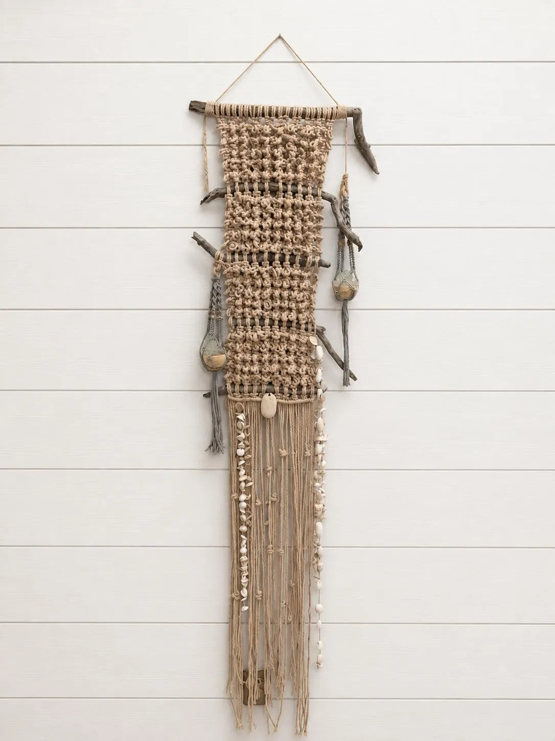 Tidal Falls™ Large Coastal Fiber Art, Mixed Media Wall Hanging | Driftwood Macrame with Shells | One of a Kind Beach House Decor