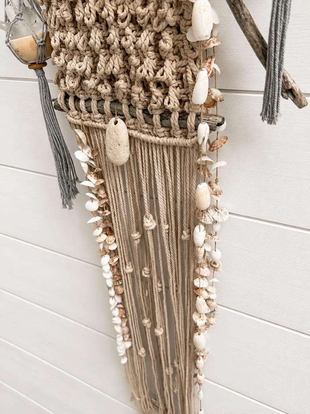 Tidal Falls™ Large Coastal Fiber Art, Mixed Media Wall Hanging | Driftwood Macrame with Shells | One of a Kind Beach House Decor