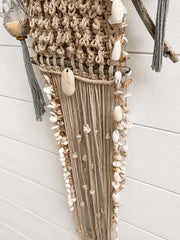 Tidal Falls™ Large Coastal Fiber Art, Mixed Media Wall Hanging | Driftwood Macrame with Shells | One of a Kind Beach House Decor