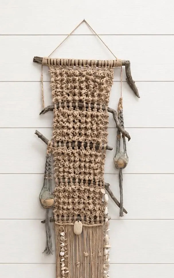 Tidal Falls™ Large Coastal Fiber Art, Mixed Media Wall Hanging | Driftwood Macrame with Shells | One of a Kind Beach House Decor