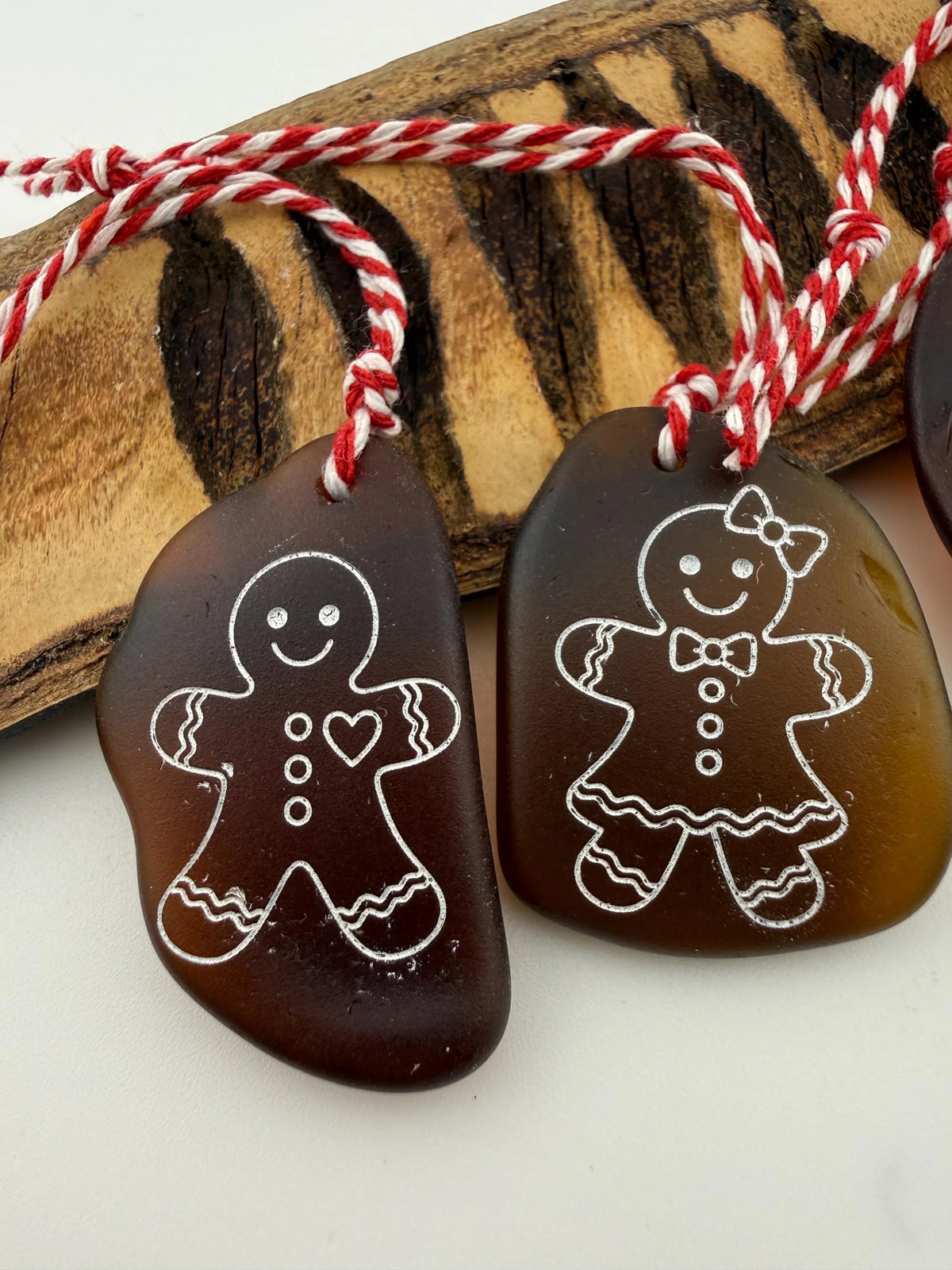 Gingerbread Sea Glass Ornament Set – Genuine Caribbean Sea Glass Christmas Ornaments – Handmade Gingerbread Couple – Set of 2