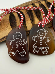 Gingerbread Sea Glass Ornament Set – Genuine Caribbean Sea Glass Christmas Ornaments – Handmade Gingerbread Couple – Set of 2