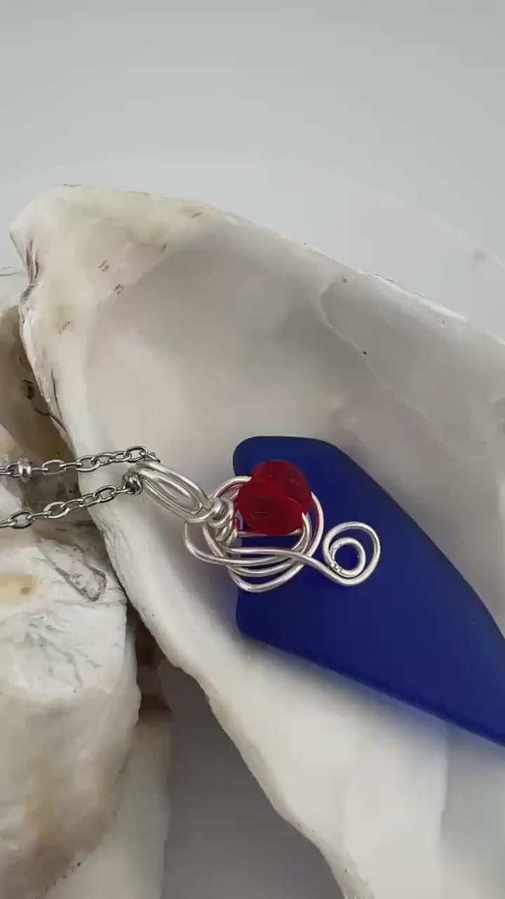 Etsy video 1766234933-1 | Cobalt Sea Glass Pendant - Caribbean Necklace with Red Glass Bead