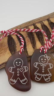 Gingerbread Sea Glass Ornament Set – Genuine Caribbean Sea Glass Christmas Ornaments – Handmade Gingerbread Couple – Set of 2