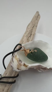 Etsy video 1762404271-1 | Caribbean Hunter Green Sea Glass Pendant: Gold Wire Wrapped, Stainless Steel Chain